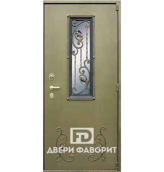 Стальная дверь в коттедж со стеклом и ковкой
