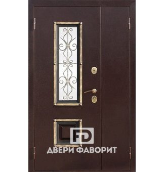 Дверь двустворчатая в коттедж со стеклом и ковкой