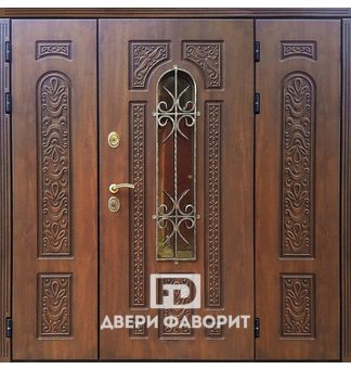 Двустворчатая дверь с боковой вставкой в коттедж со стеклом и ковкой