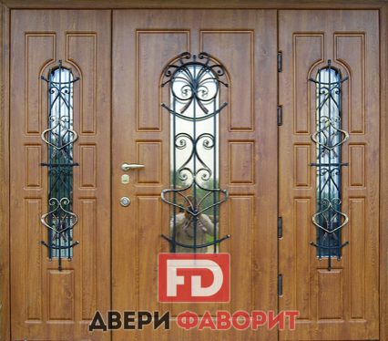 дверь парадная с боковой вставкой для коттеджа со стеклом и ковкой