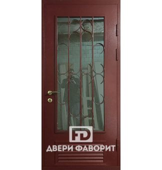 дверь из металла в котельную со стеклом и решеткой для вентиляции