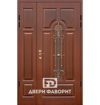 двустворчатая стальная дверь с ковкой и стеклопакетом