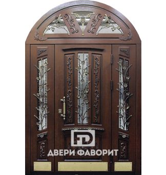 Дверь арочная с верхней и боковыми вставками, стеклом и ковкой